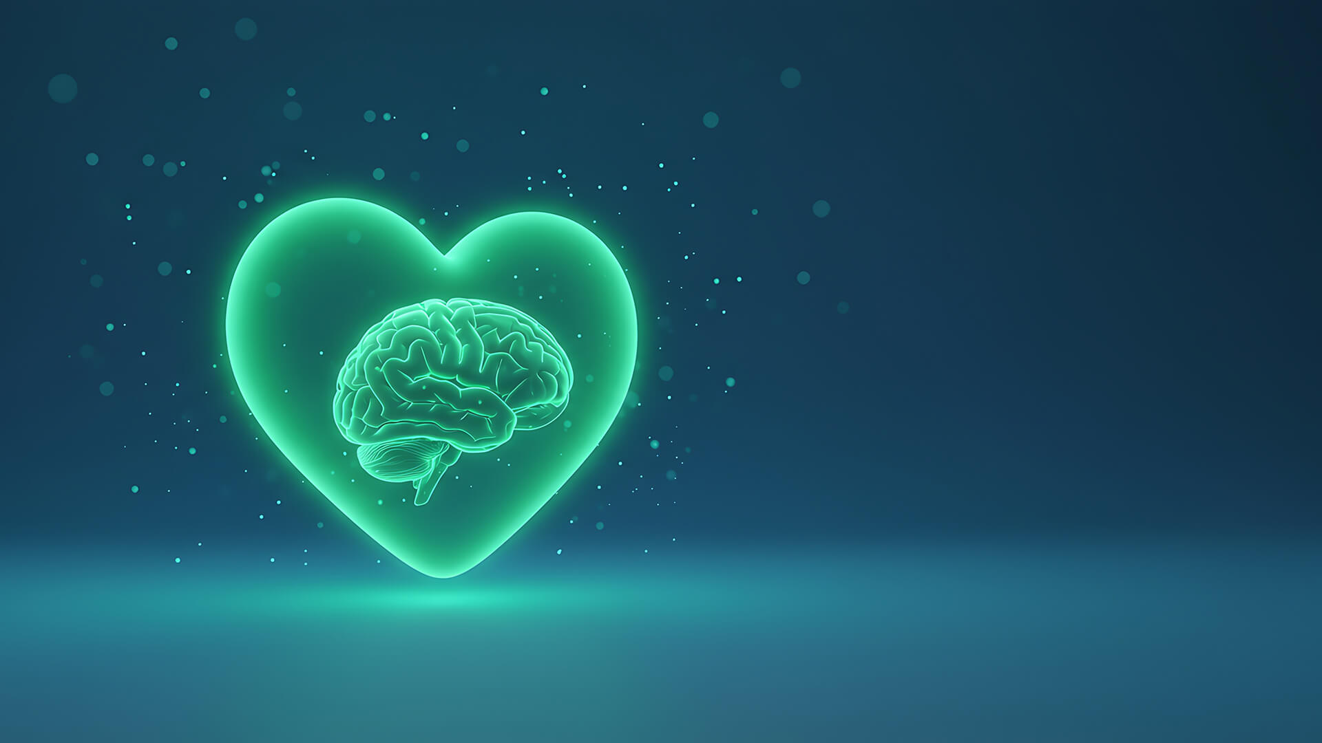 Glowing green heart with brain symbolizing compassionate mental health care